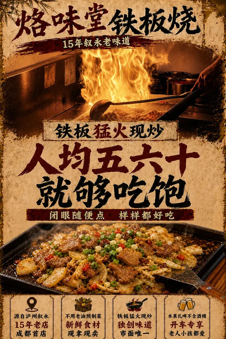 烙味堂铁板烧门店海报：15 年叙永老味道，人均五六十就够吃饱